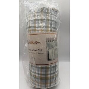 Altavida 4 Piece Queen Sheet Set Plaid Print NWT Green And Beige, Great 4Spring